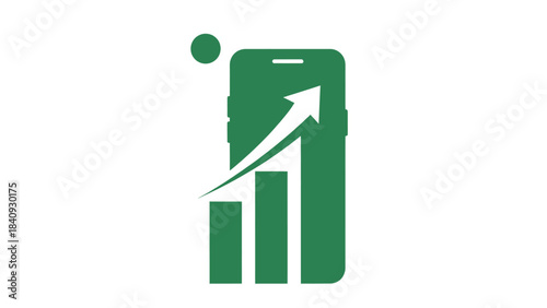 Green graphic of a mobile phone with a rising graph and arrow on a phone 