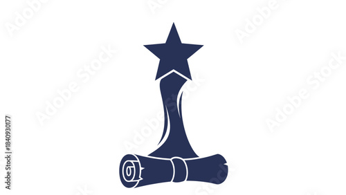 A navy blue graphic of a star shaped trophy with a rolled up certificate