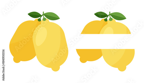 Whole lemons with leaves. Two lemons with horizontal empty space for monogram. Minimalistic flat style.Graphic design for printing on clothes, postcards, logos and personalization.