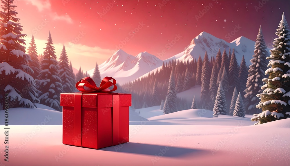 A red gift box on snow mountain background - Adobe Stock A red gift box on snow mountain background - Adobe Stock
