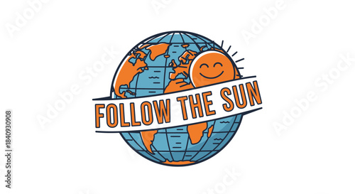 A vibrant illustration of a globe with orange landmasses and blue oceans, featuring a smiling sun and a banner that reads "FOLLOW THE SUN".