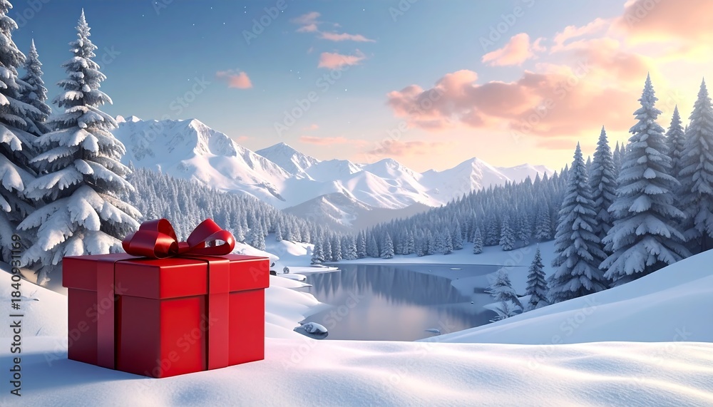 A red gift box on snow mountain background - Adobe Stock A red gift box on snow mountain background - Adobe Stock