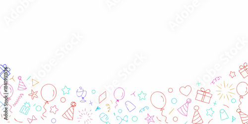 Colorful hand drawn birthday doodles and party elements on a white background