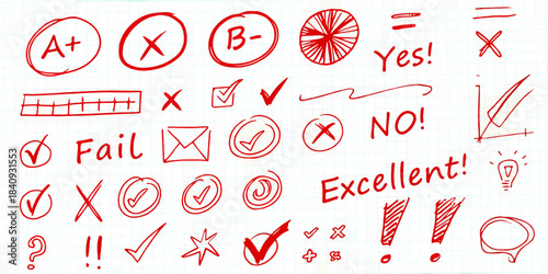 Hand drawn school supplies and grading symbols on lined paper background