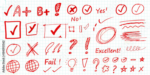 Hand drawn school supplies and grading symbols on lined paper background