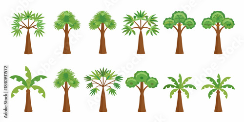 Variety of cartoon trees and palms illustrated in a simple colorful style