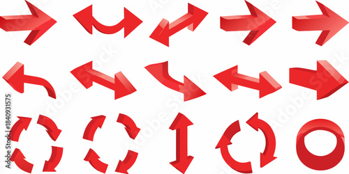 Collection of red arrows in various directions and circular shapes