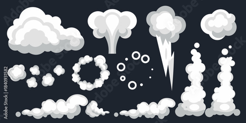 A collection of fluffy white cloud shapes and smoke explosion effects