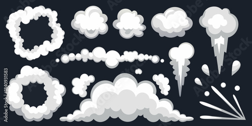 Collection of various white cloud and smoke puff illustrations on black background