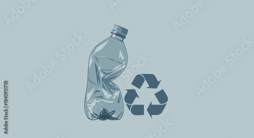 Crushed water bottle, crushed bottle illustration with plastic recycling symbol and eco waste concept, suitable for poster design, educational article header, and environmental product mockup.