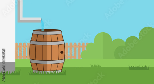 Rain barrel beside wooden shed, rainwater collecting barrel with backyard water storage and sustainable water reuse, suitable for poster design, article header, and eco-themed product mockup.