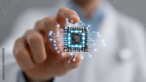 A person in a lab coat holds a glowing microchip, symbolizing advancements in technology and innovation in electronics.