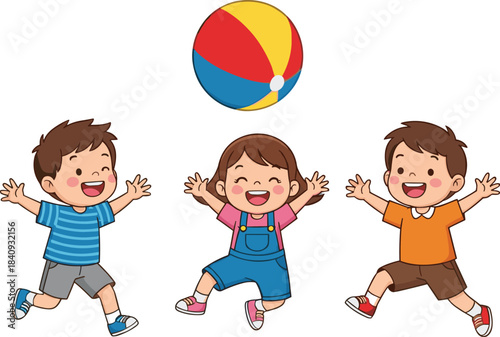 Three happy cartoon children, two boys and one girl, jumping excitedly with hands raised to catch a colorful beach ball, representing summer fun, play, joy, and childhood activity illustration.