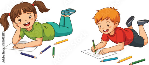 Cute happy diverse cartoon children, a boy and a girl, lying down and drawing or coloring on white paper with colored pencils, representing childhood education, creativity, and development.