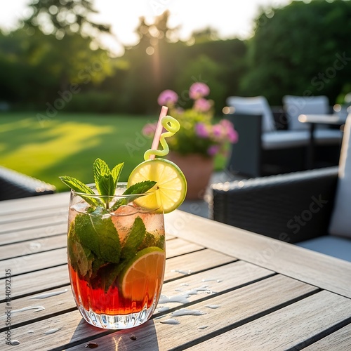 A refreshing mojito cocktail garnished with mint and lime, sits on a wooden outdoor table, bathed in golden sunlight.