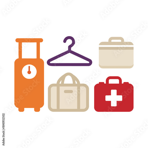 Travel and Packing Flat Icons Set: Suitcase, Clothes Hanger, Duffle Bag, and First Aid Kit for Vacation Essentials