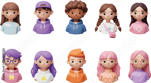 Diverse group of cartoon 3D youth and children avatars bundle set, showing different hairstyles, clothing, genders, and ethnicities for educational, social media, and communication projects.
