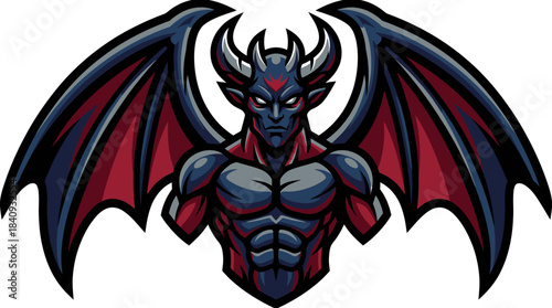 Demon Mascot Illustration with Intricate Wing Detail and Sinister Gaze, Perfect for Branding