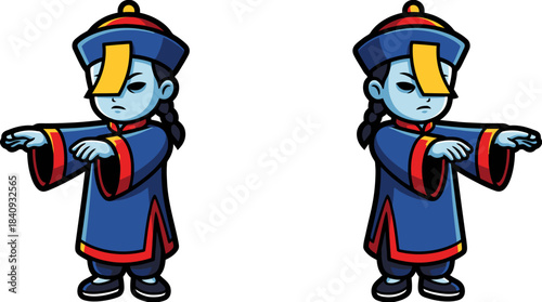 Cartoon illustration of two identical Jiangshi or Chinese hopping vampires in traditional attire