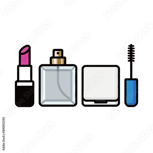 Makeup and Cosmetics Flat Line Icons Set: Lipstick, Perfume Bottle, Face Powder Compact, and Mascara Wand Illustrations