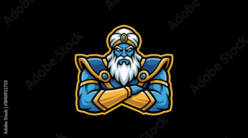 Powerful Mystical Sorcerer Mascot Logo Illustration with Turban and Golden Armor, Emblem Design Concept