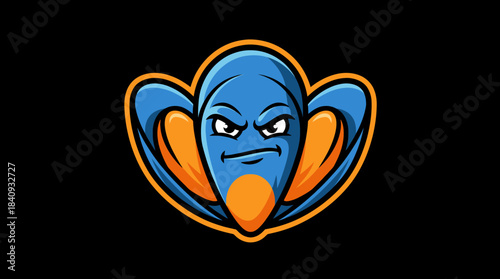 Blue Angry Cartoon Character with Big Eyes and Orange Accents on Black Background