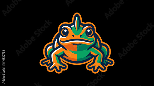Vibrant stylized frog mascot illustration with a striking orange and green color split design, embodying wildlife energy and unique graphic appeal for modern branding
