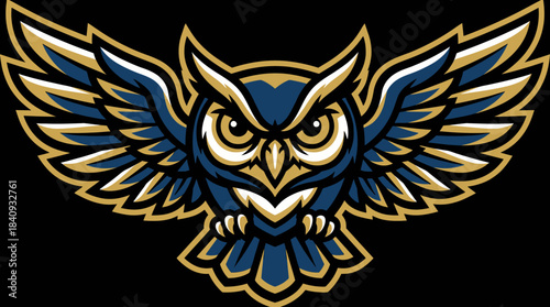 Majestic Owl Mascot Emblem in Blue and Gold with Intricate Feather Details