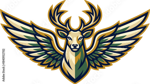Stylized majestic winged deer head with impressive antlers, representing nature's power and ethereal beauty