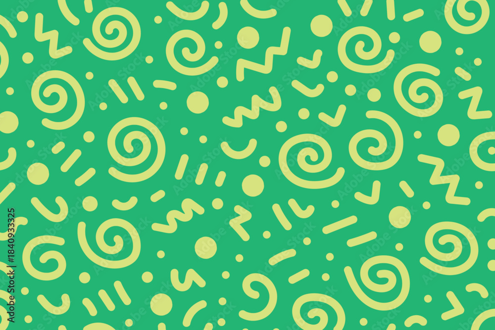 Naklejka premium Seamless abstract green background with yellow playful squiggles and shapes, ideal for wallpapers, textiles, packaging, stationery, and modern decorative designs.