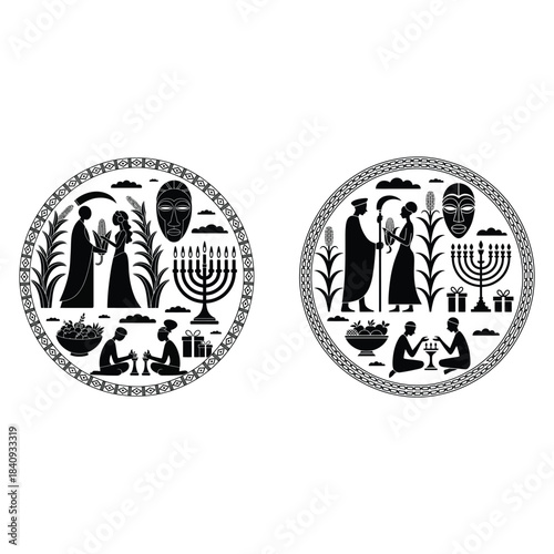 African Cultural Scenes With Masks And Menorahs african culture