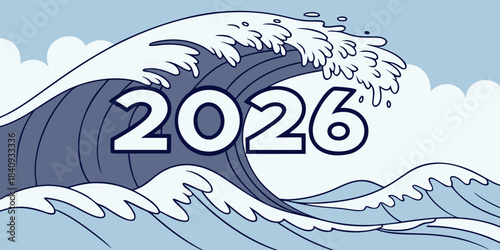 The year 2026 riding a cresting ocean wave into the future