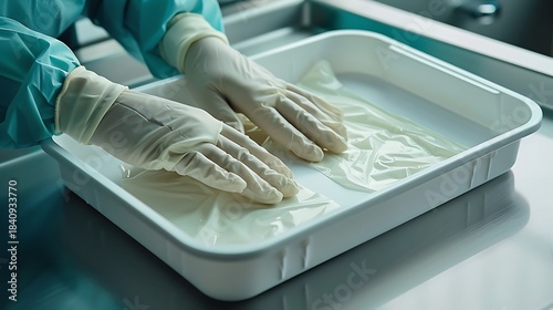 Sterile medical tray with latex gloves perfectly folded medical healthcare concept professional background high resolution stock photo