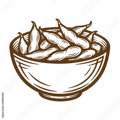 Artistic sketch illustration of a brown bowl filled with fresh edamame beans for healthy eating