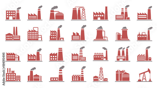 Factory, power plant industrial color icons. Factory, power plant, oil refinery and oil processing plant industrial icon. Transparent background SVG version.