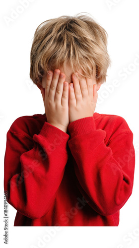 Upset little boy with blond hair covering his face with his hands isolated on transparent background.
