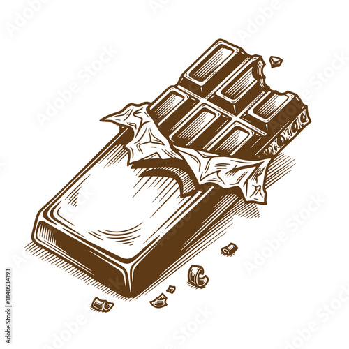 Artistic sketch illustration of a deliciously bitten chocolate bar on white background