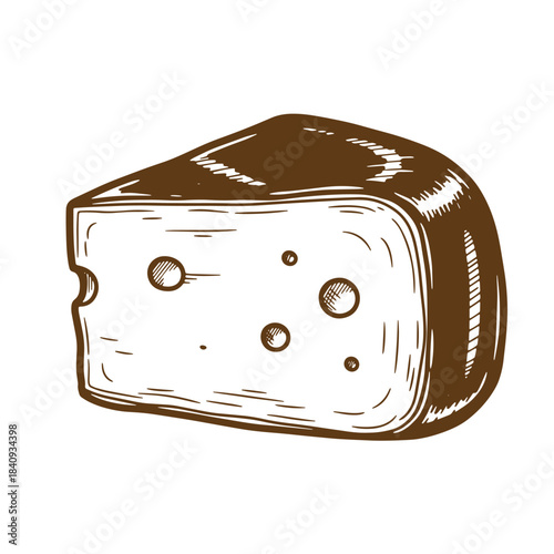 Brown cheese wedge illustration with holes in vintage hand drawn sketch style