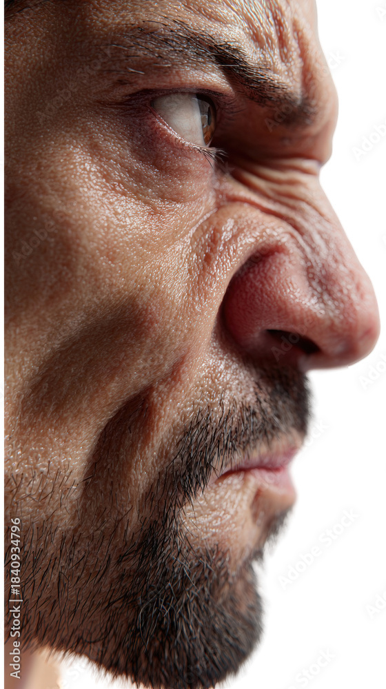 Fototapeta premium Intense profile view of an angry man with a furious expression isolated on transparent background.