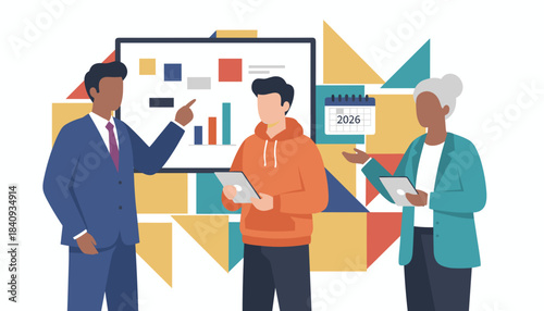 Diverse team collaborating on a business presentation discussing data and future strategy 2026