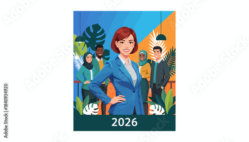 Diverse team led by a confident businesswoman in a tropicalstyle office Leadership and 2026 vision