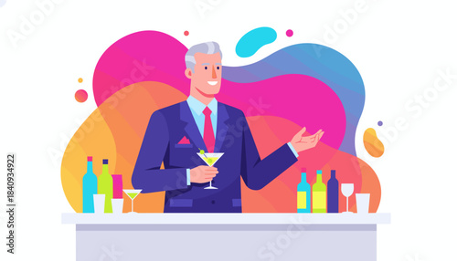 Confident businessman hosting a cocktail party or corporate event holding a martini