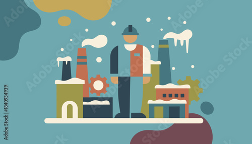 Industrial worker at a factory with smokestacks in winter Production labor and energy illustration