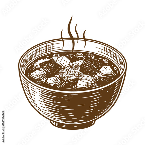 Delicious vintage sketch illustration of steaming bowl of traditional japanese miso soup