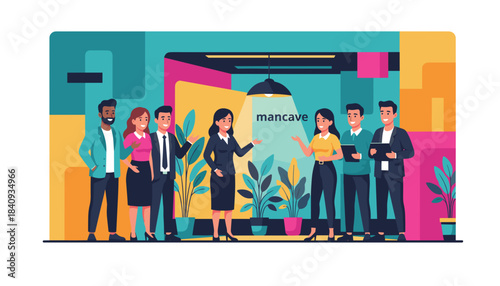 Diverse business team collaborating in a modern colorful office interior Vector illustration