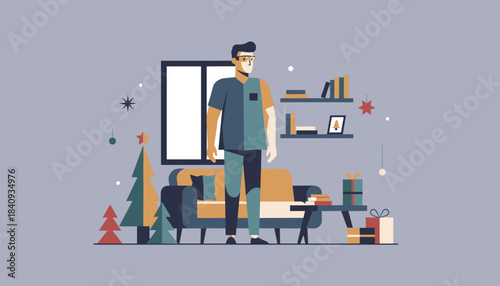 Man in a modern living room decorated for Christmas holidays Stylized flat vector illustration