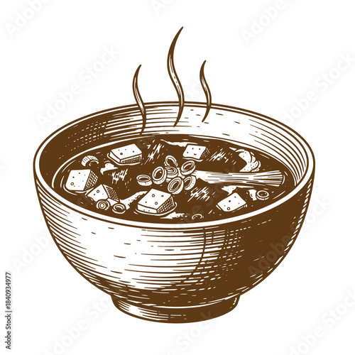 Delicious vintage sketch of a bowl filled with steaming traditional japanese miso soup
