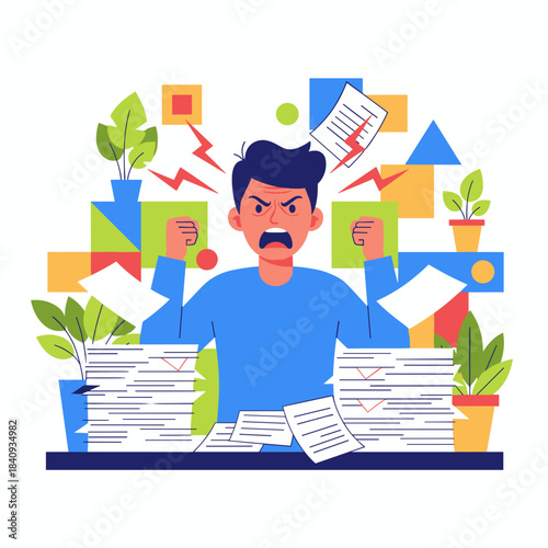 Angry man yelling overwhelmed by massive paperwork and workload stress Business burnout concept