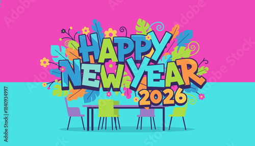 Happy New Year 2026 colorful illustration with tropical leaves and dinner party setup