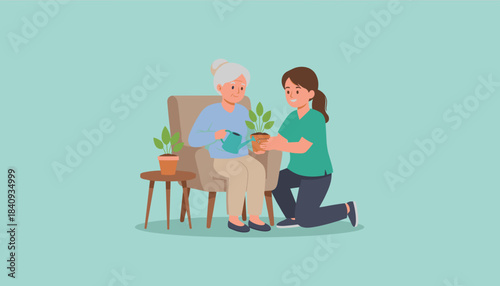 Nurse assisting senior woman with a hobby promoting independence and companionship